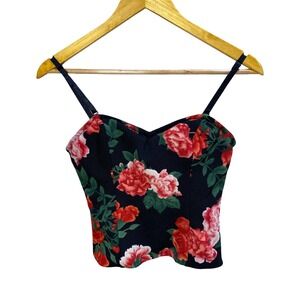 Guess Floral Corset Crop Top Black Red Rose Sweetheart Zip Back Small